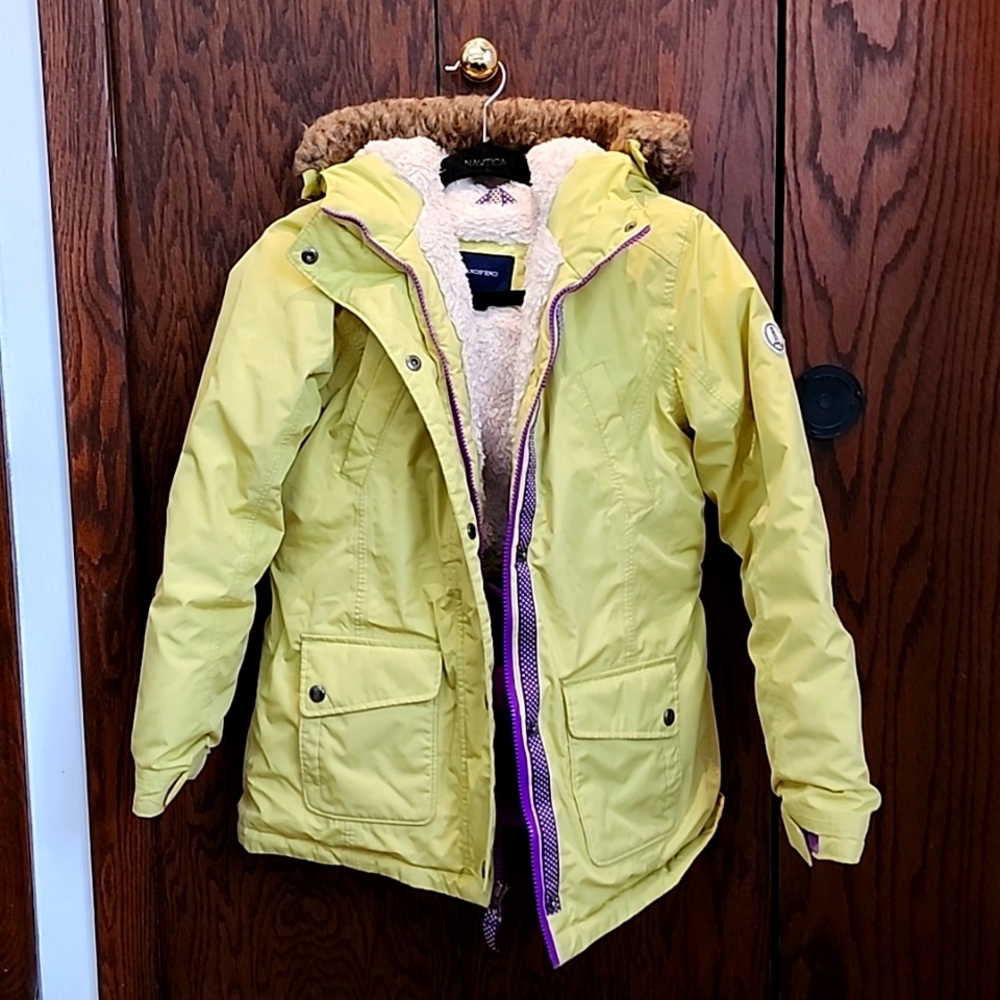 Neon yellow Lands End girls winter hooded jacket size Medium 10/12